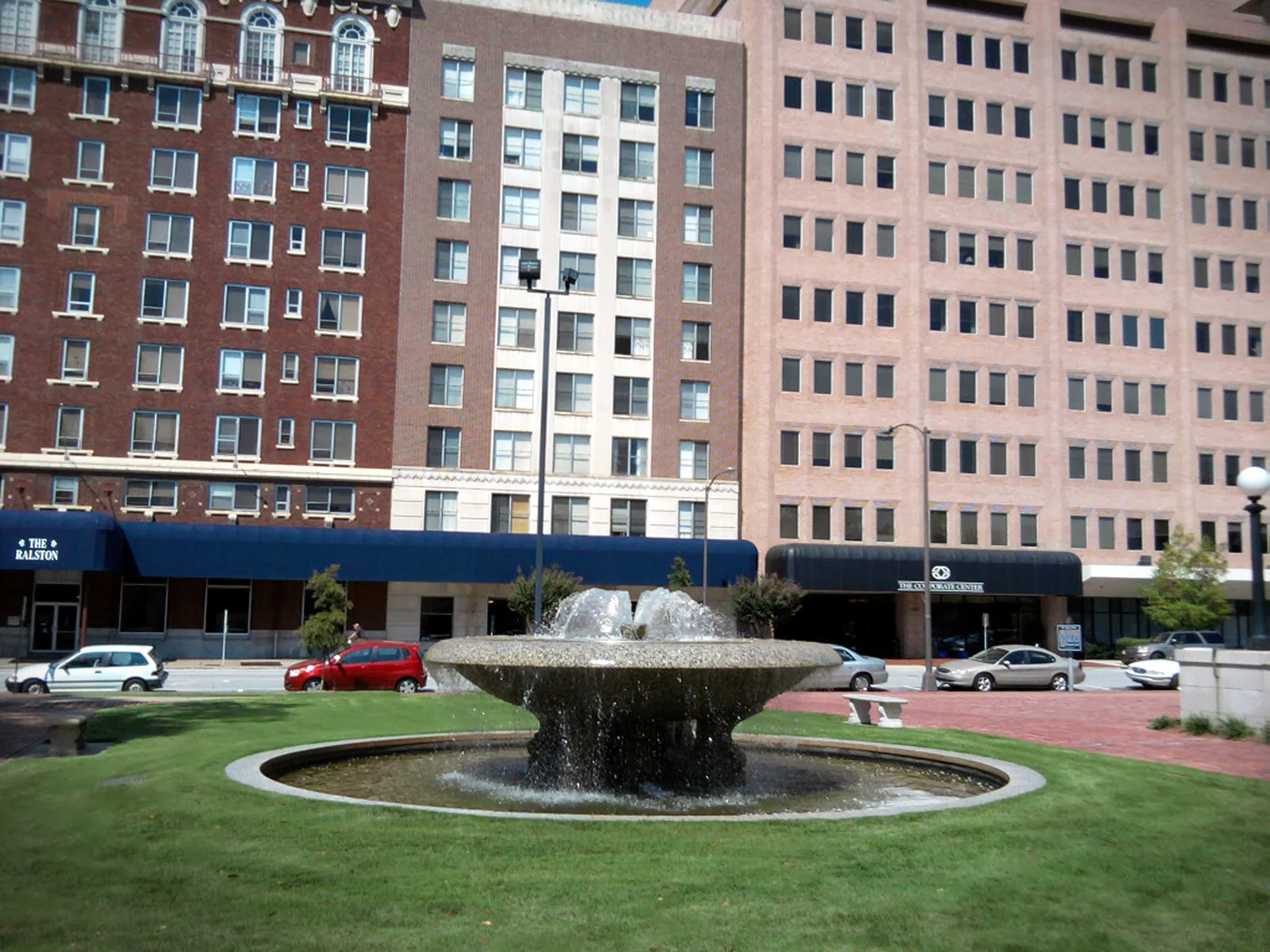 The First Baptist Church fountain on 12th Street in Uptown Columbus, with The Ralston and The Corporate Center behind it.