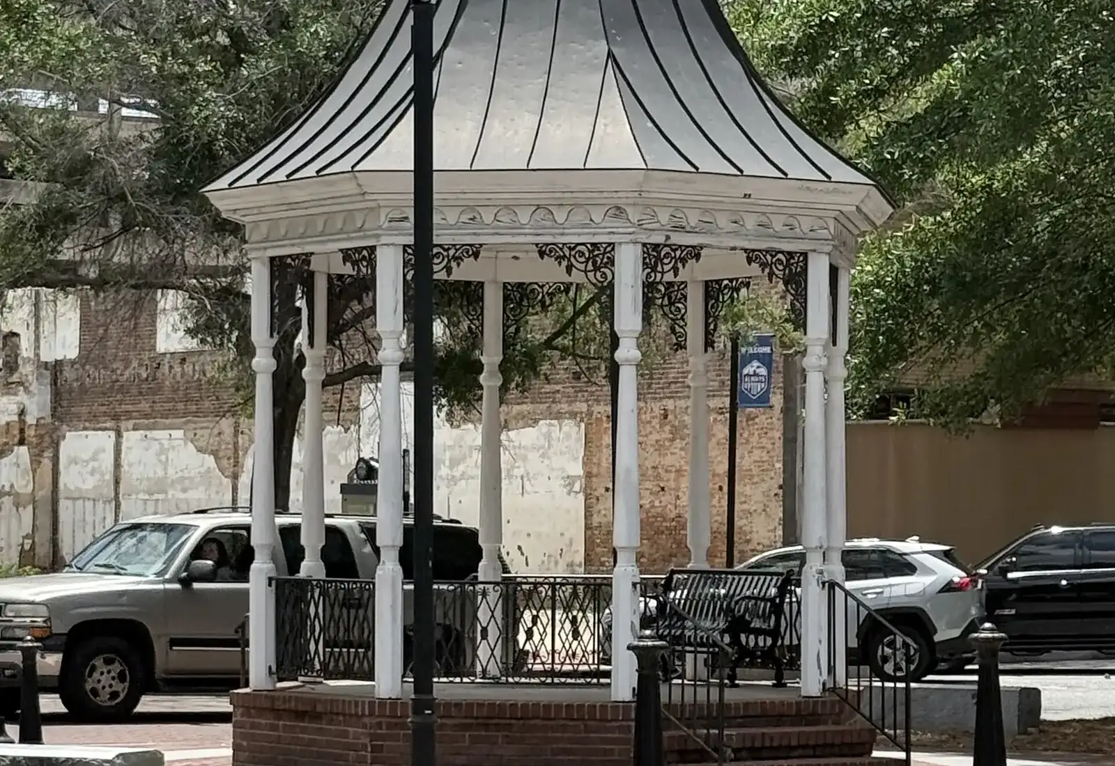 A gazebo on Broadway in Uptown Columbus, along the holiday parade route.