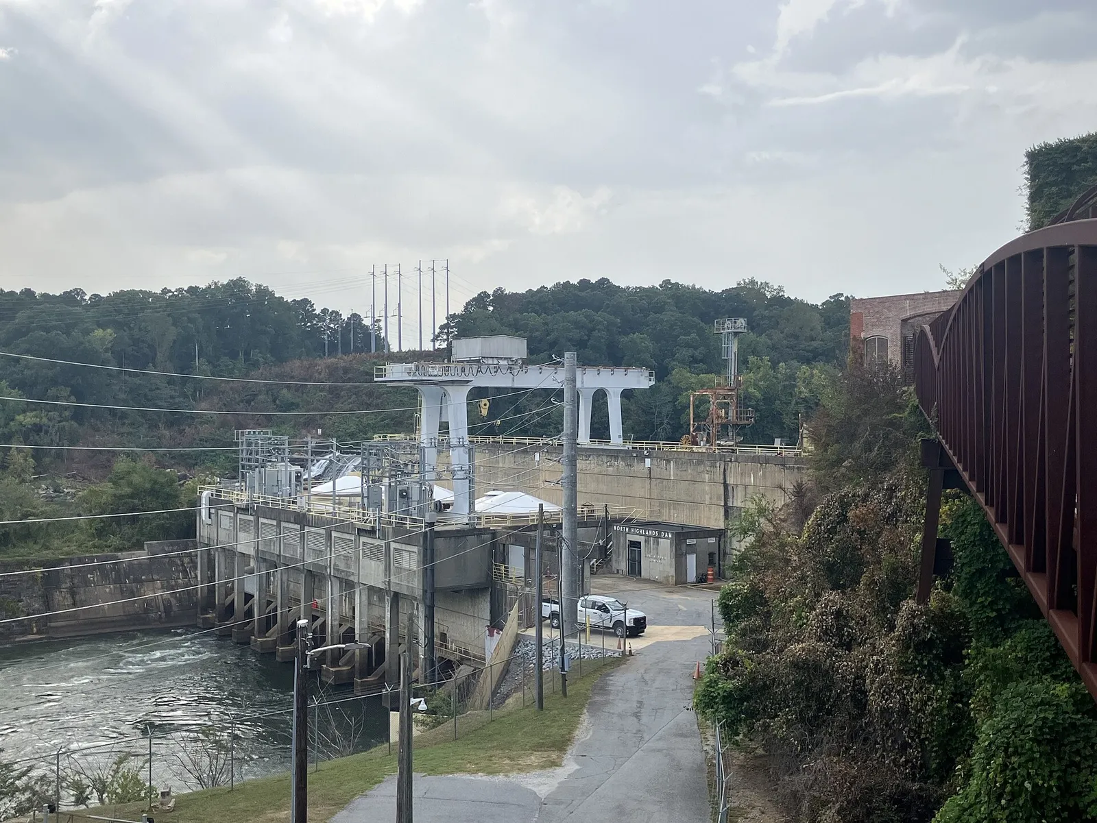 North Highlands Dam, seen from the Chattahoochee RiverWalk in Columbus. The picture does not show the River Road site.