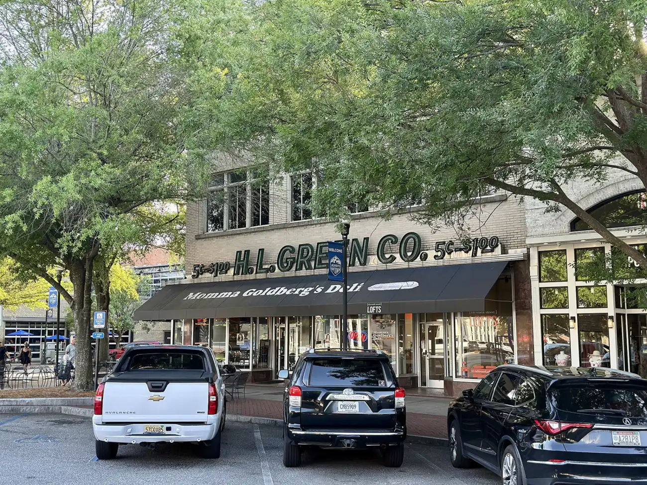 Storefronts in the historic H.L. Green Co. building in Uptown Columbus.