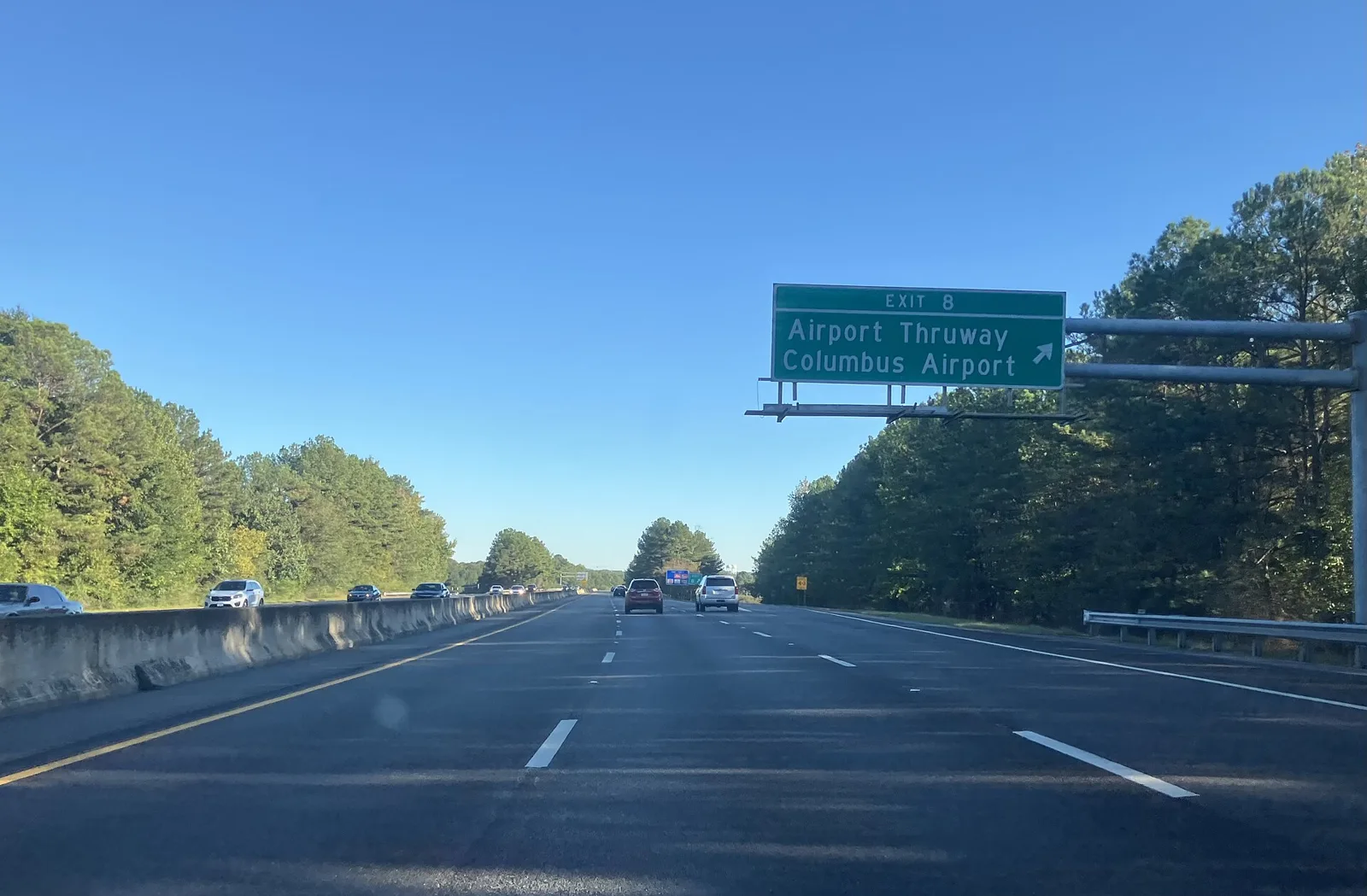 The Exit 8 sign for Airport Thruway and Columbus Airport on Interstate 185 in Columbus.