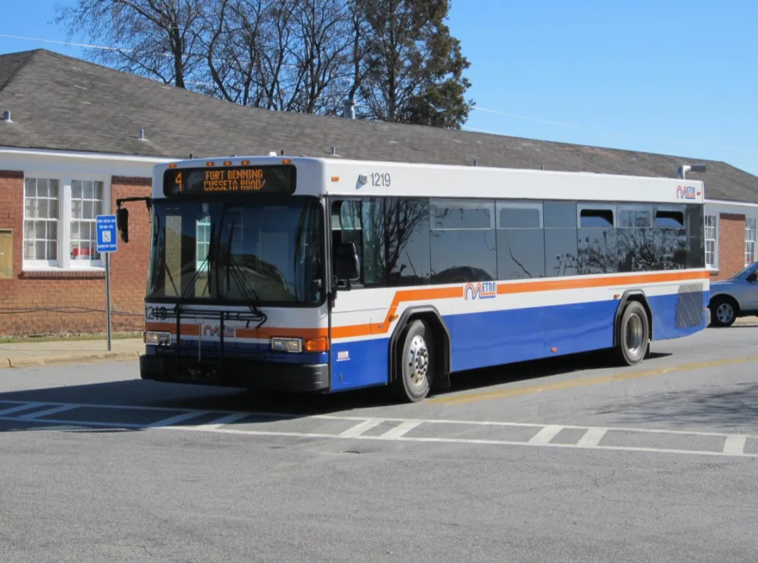 A METRA Transit System bus on Route 4 in Columbus.
