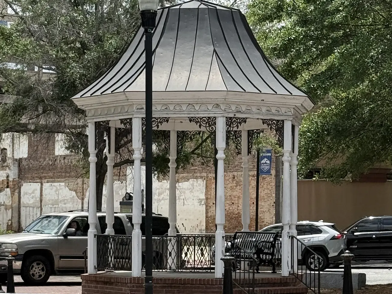 A gazebo in the Broadway median in Uptown Columbus.