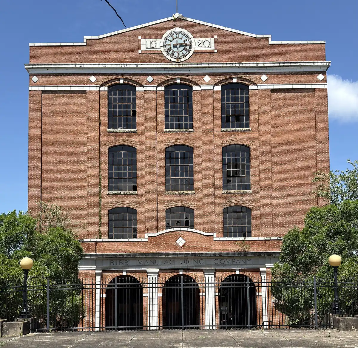 A five-story brick mill building in the Bibb City Historic District in Columbus.