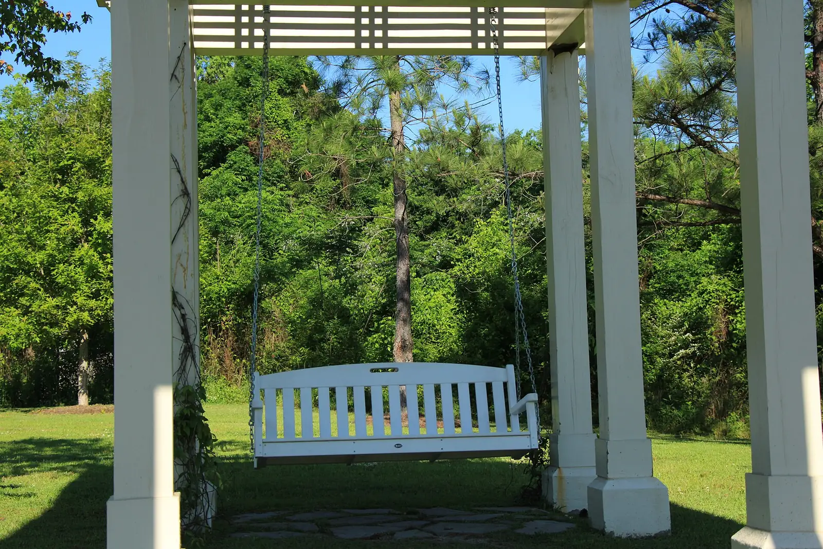 A porch swing at the entrance to Oxbow Meadows Environmental Learning Center in south Columbus.