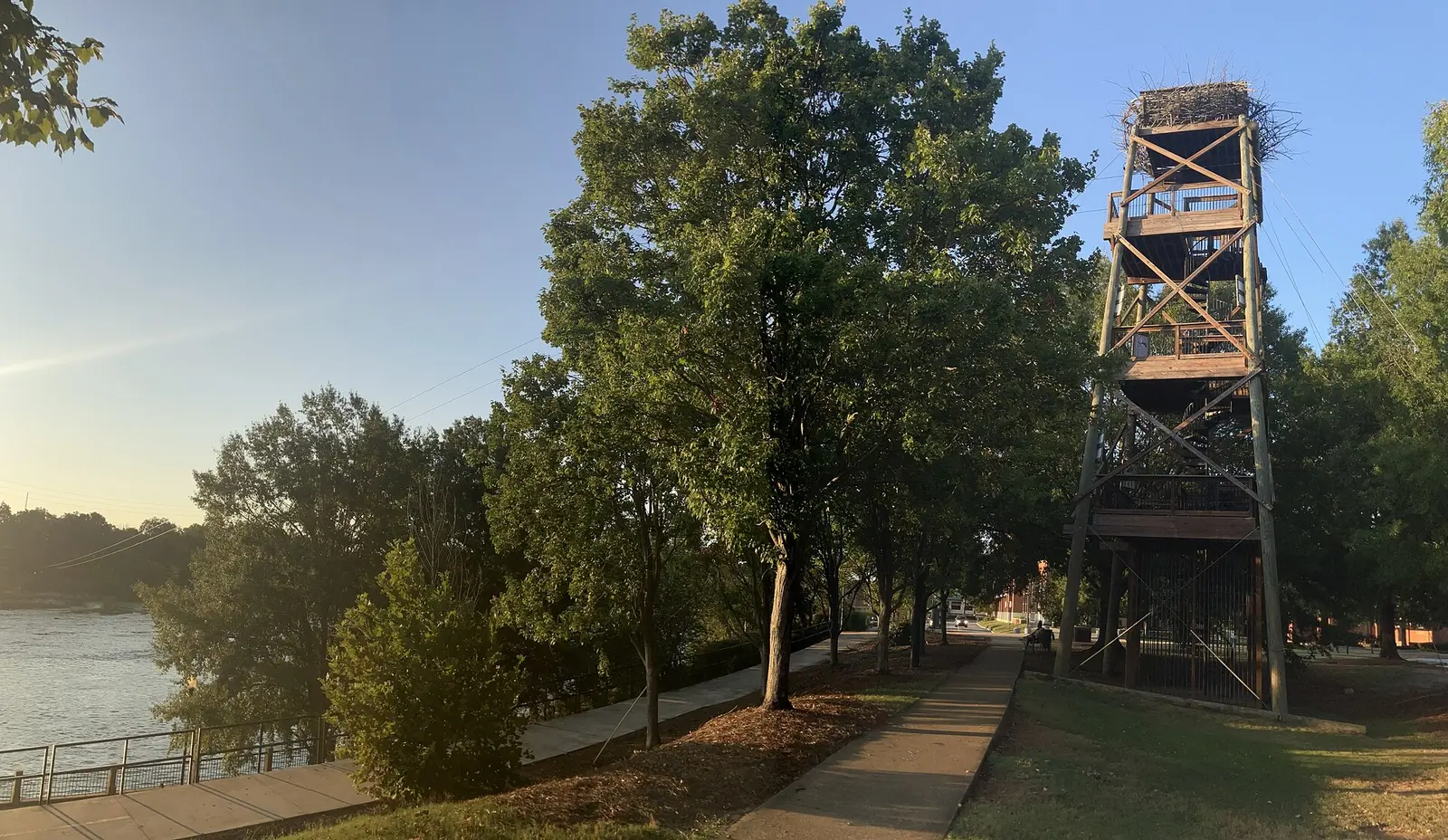 The Blue Heron zipline tower beside the Chattahoochee RiverWalk in Uptown Columbus.
